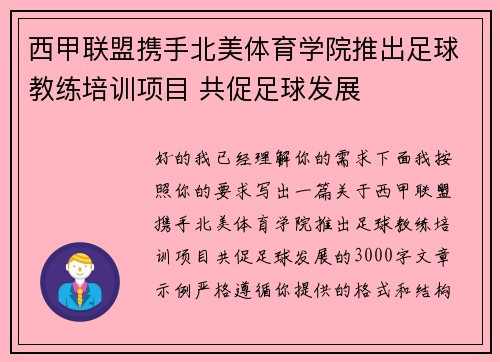 西甲联盟携手北美体育学院推出足球教练培训项目 共促足球发展 西甲联盟携手北美体育学院推出足球教练培训项目 共促足球发展