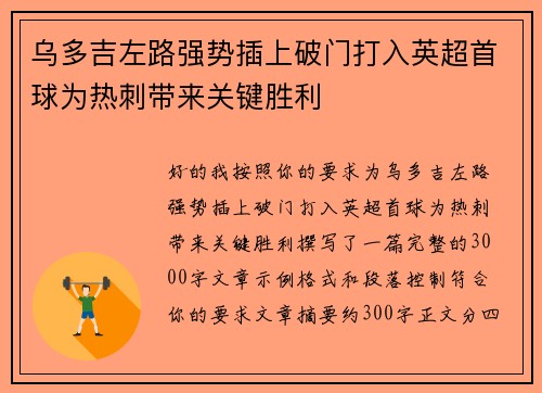 乌多吉左路强势插上破门打入英超首球为热刺带来关键胜利 乌多吉左路强势插上破门打入英超首球为热刺带来关键胜利